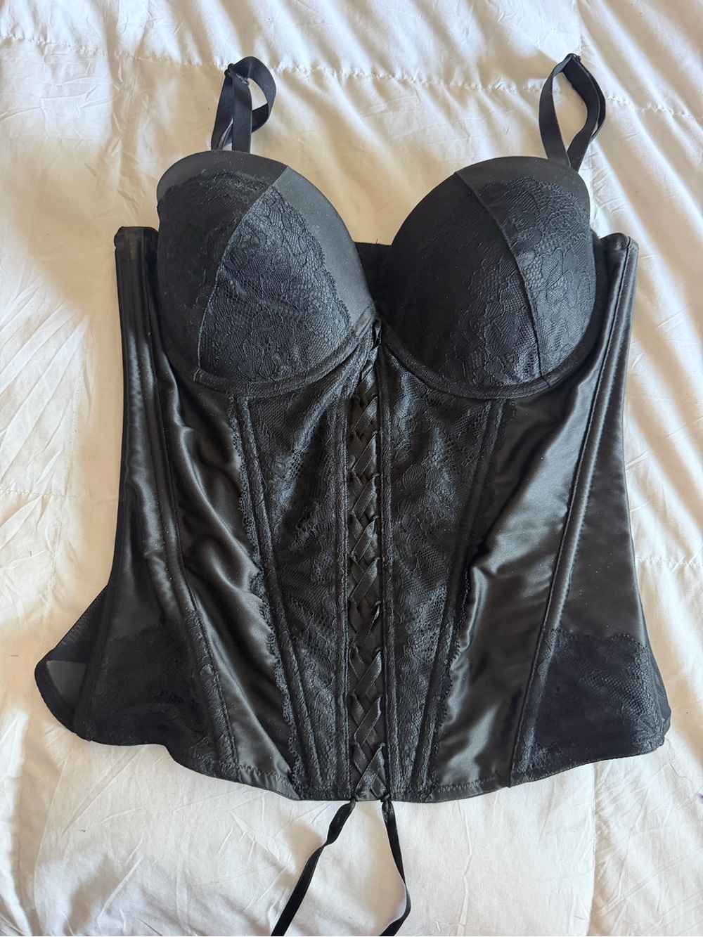 Like new La Vie En Rose Black Lace Satin Corset Bustier Push-up